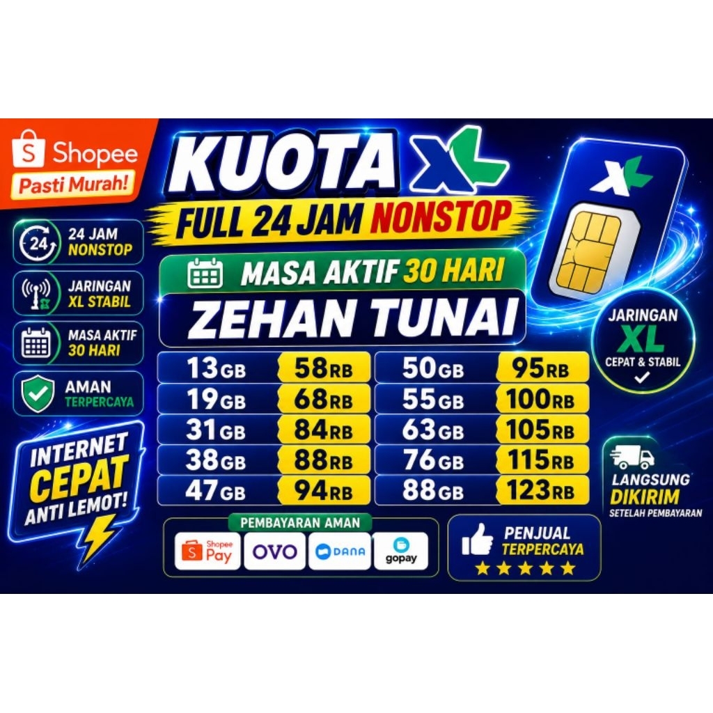 Paket Internet XL 30 Hari Full Kuota | Voucher XL Murah 7GB 10GB 16GB 26GB 40GB 65GB 100GB 150GB | A