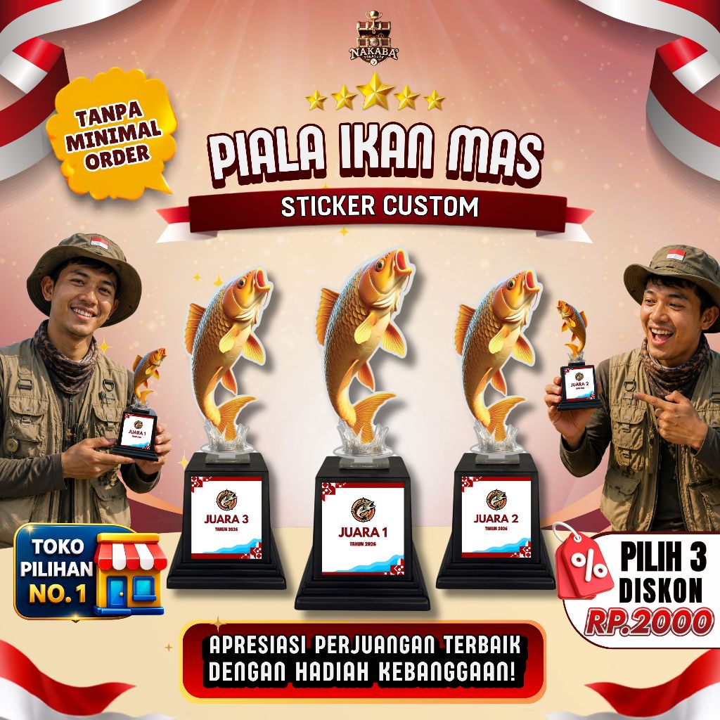 Piala Akrilik Memancing Motif Ikan Mas Sticker Custom Hadiah Lomba Kemerdekaan 17 Agustus Indonesia