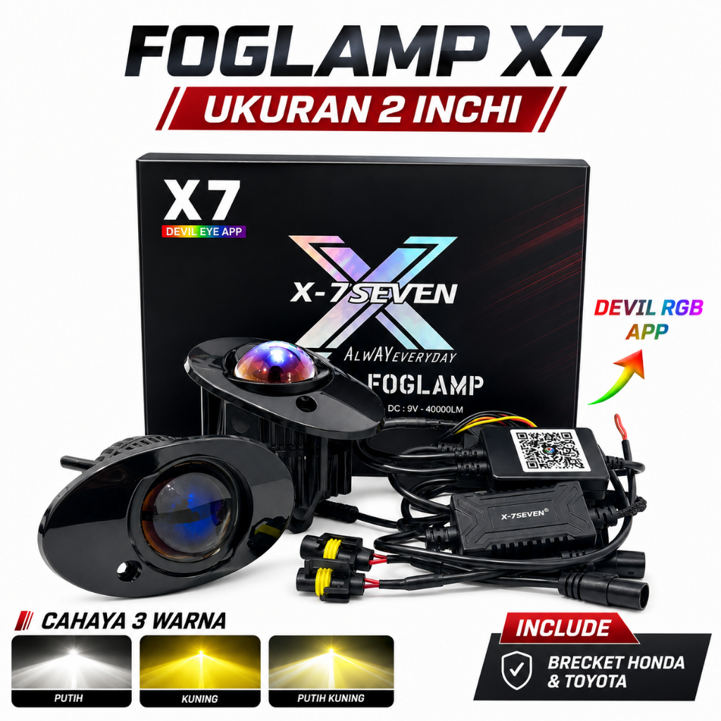 Foglamp Biled Ukuran 2 inchi Tipe X7 X-7SEVEN Brecket Honda Toyota Lengkap Cahaya 3 Warna Devil Terp