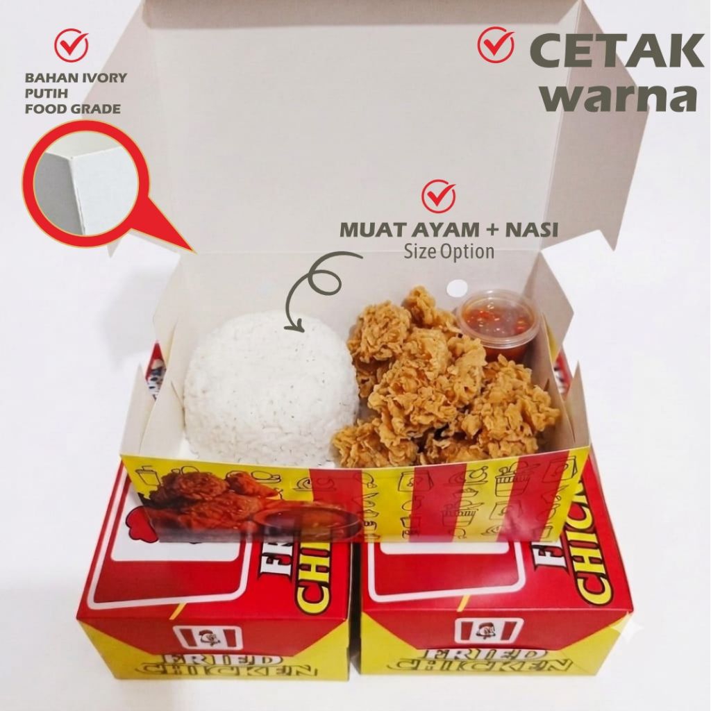 Box Fried Chicken 100 pcs kotak ayam dan nasi kemasan makanan ivory fullcolour Laminasi glossy termu