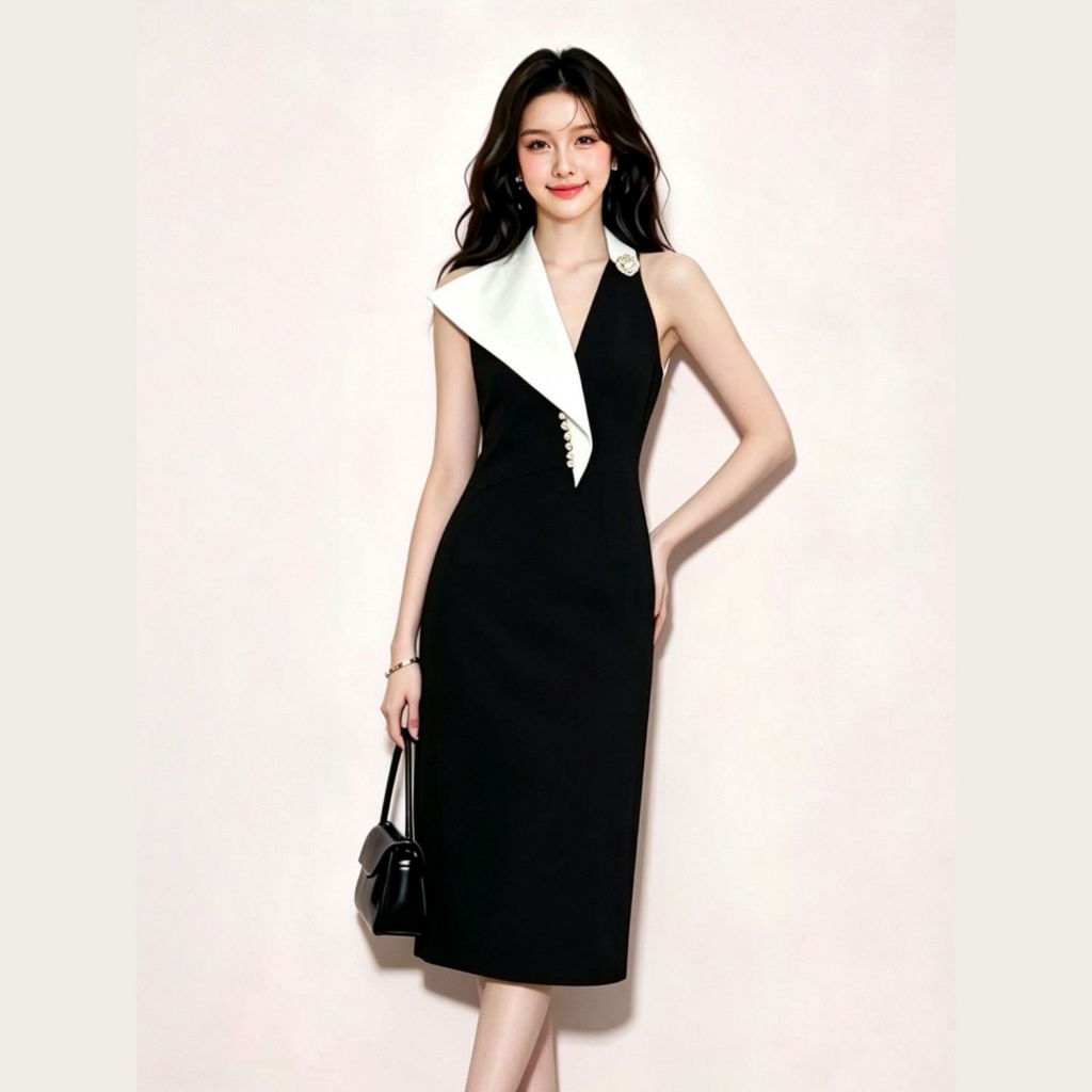 [ELWIE STUDIO] Celine Halter Midi Dress Asimetris Kerah Putih Kancing Mutiara / Gaun Pesta Bodycon H