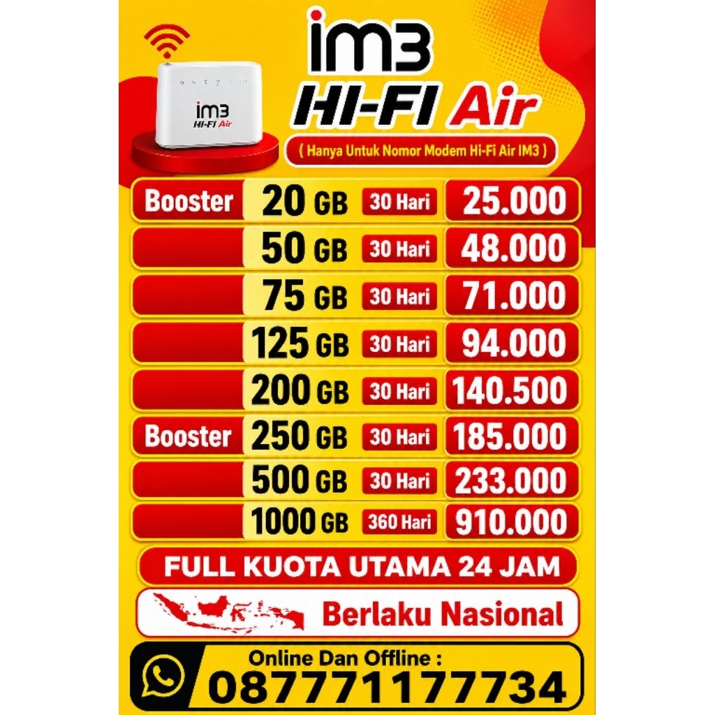 Isi Ulang Paket INDOSAT / IM3 HiFi Air Dan Tri ( 3 ) HiFi Air 50 GB - 1000 GB