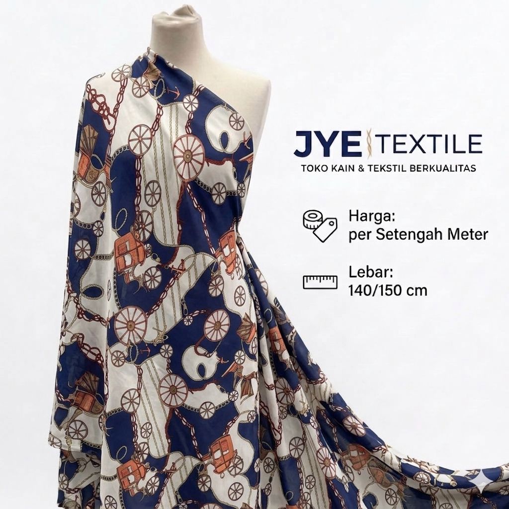 Bahan Kain Satin Silk Motif Rantai Kereta Klasik Luxury Navy - Kain Meteran High Quality untuk Tunik