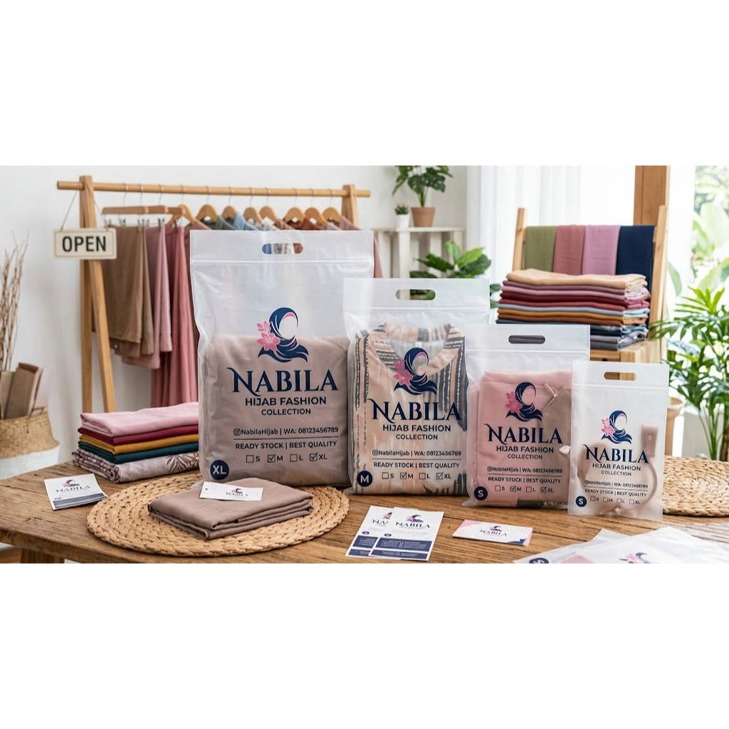 Plastik Kemasan Custom Sablon Logo Baju Hijab Fashion Olshop Berbagai Ukuran