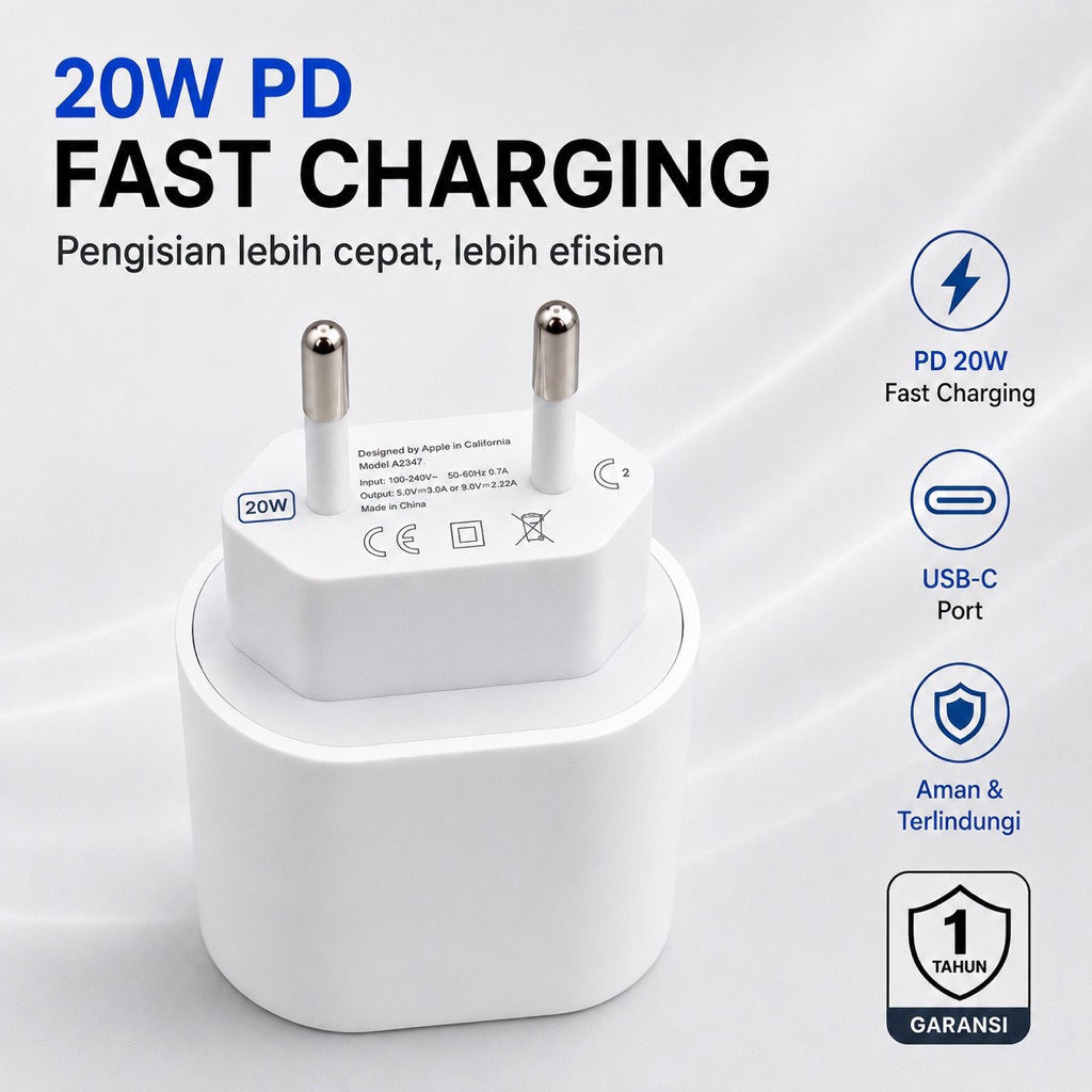 Charger iPhone 20W Fast Charging USB-C + Kabel Lightning | Cas Cepat PD Original Quality | Garansi