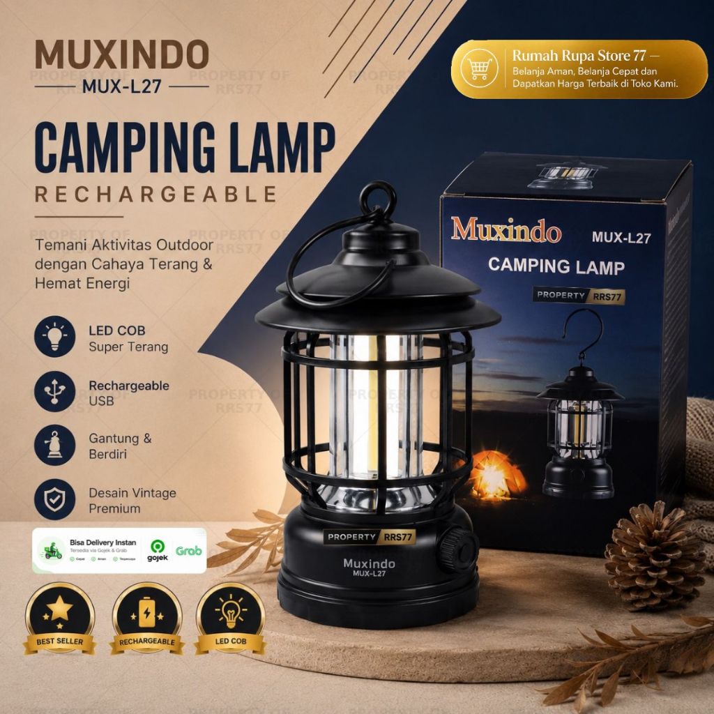 Lampu emergency / camping led cob lentera Muxindo Mux L27 cahaya kuning / putih bisa dimmer terang r