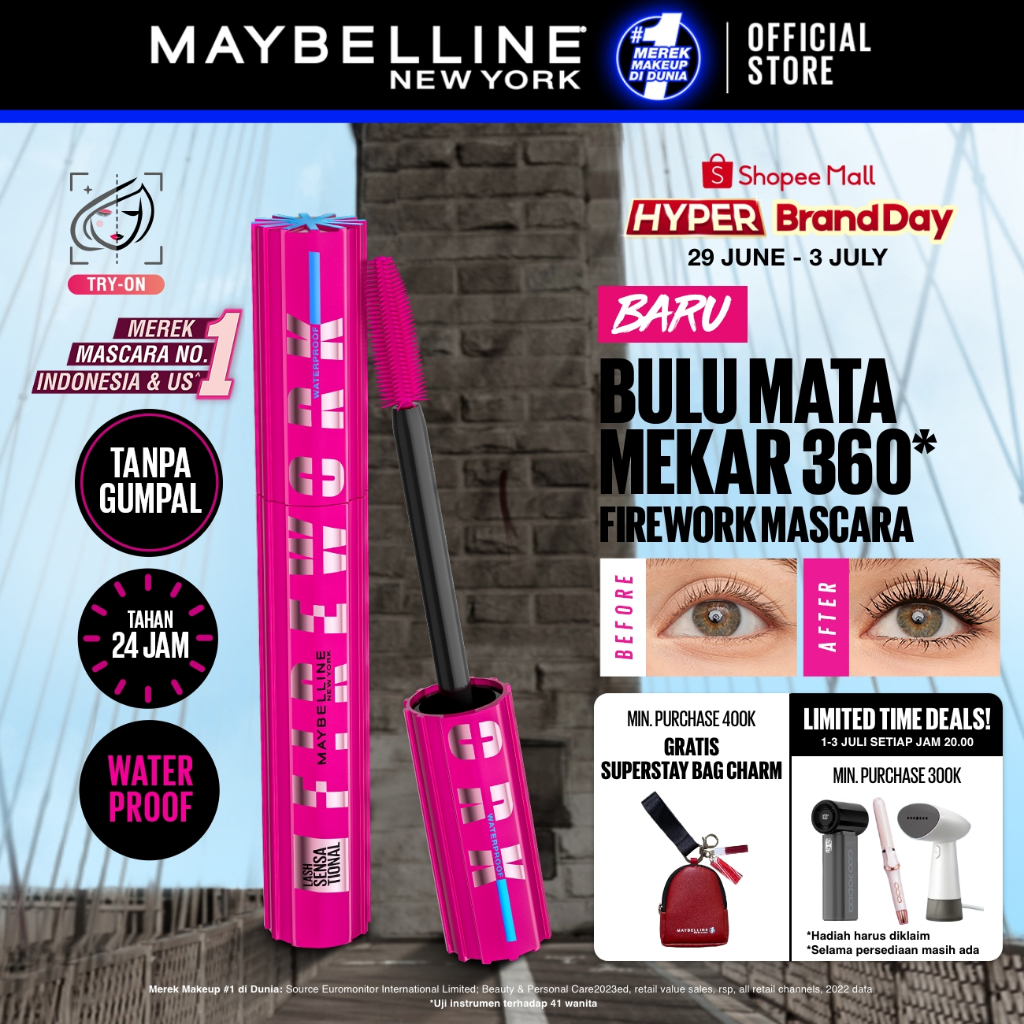 MAYBELLINE OFFICIAL Firework Waterproof Mascara 6ml - Bulu Mata Mekar Tahan 24 Jam Dramatis Maskara 