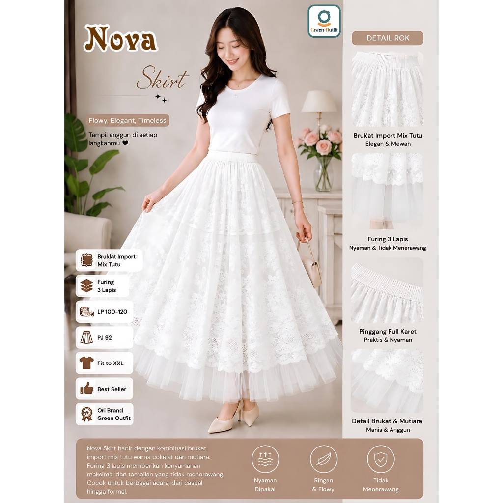 Rok Brukat Putih Nova Skirt Tutu Import Furing 3 Lapis Karet Pinggang Jumbo LP 120