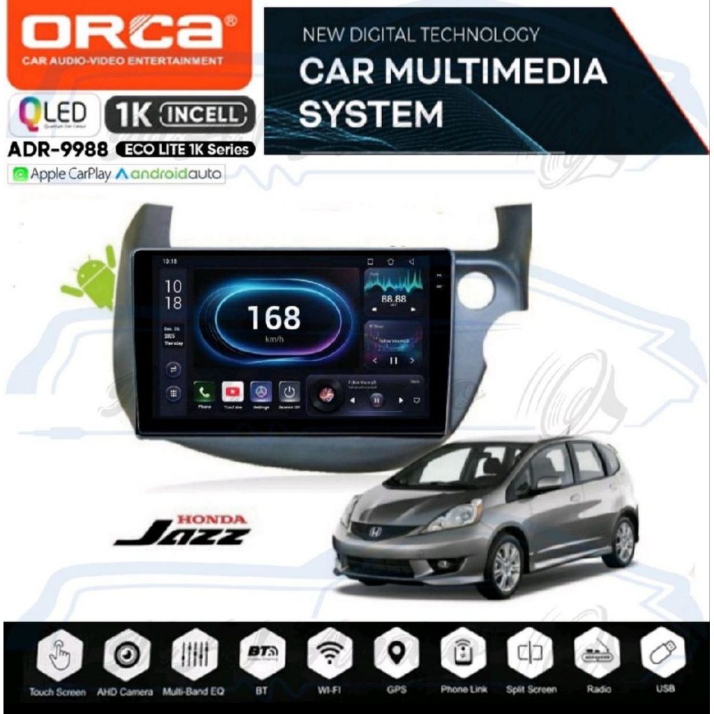 HEAD UNIT TAPE TV MOBIL DOUBLE DIN ANDROID MERK ORCA/DHD/SKELETON UNTUK HONDA JAZZ TAHUN 2008-2012 L
