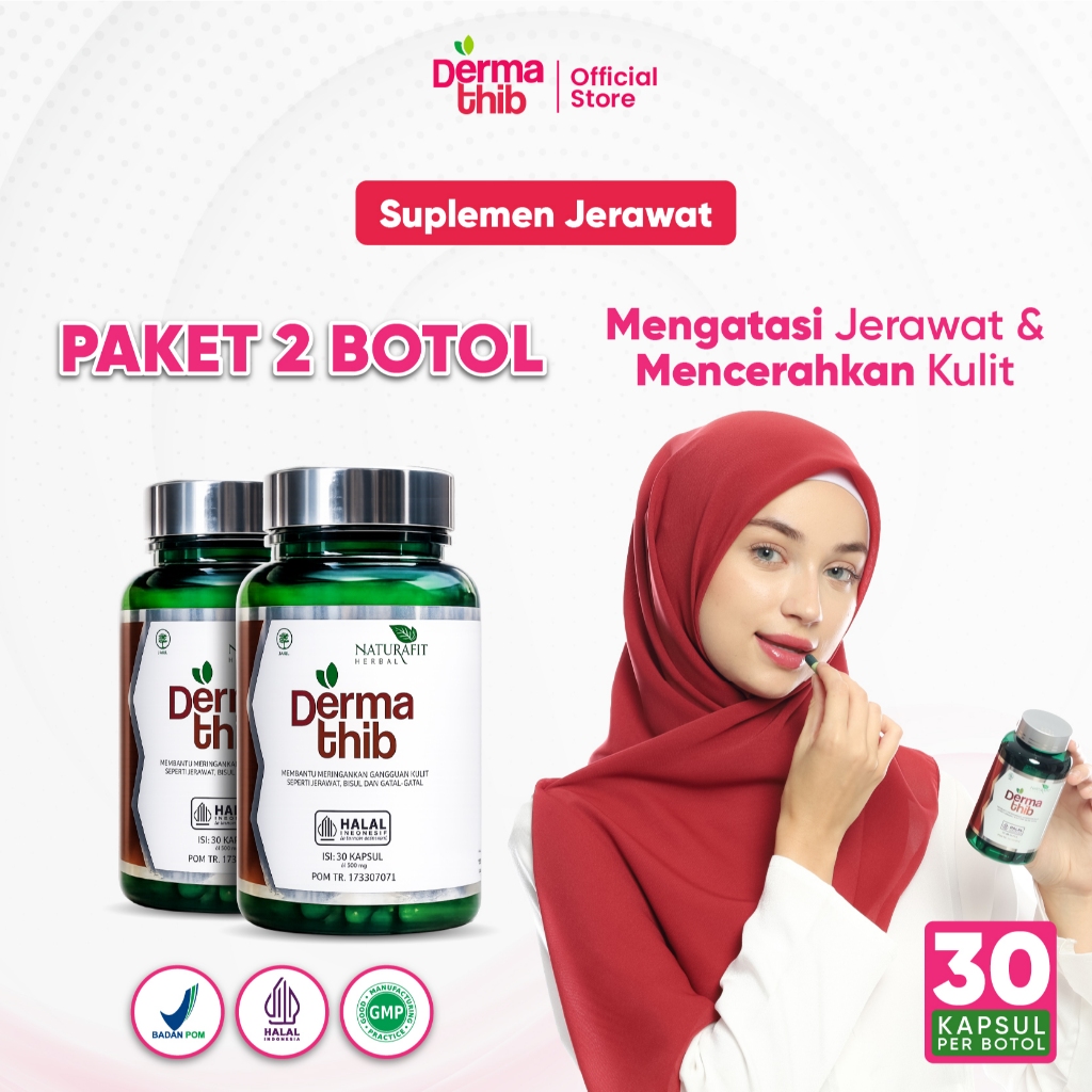 Dermathib - Paket 2 Botol Kapsul Obat Jerawat Isi 30 Kapsul Herbal Pegagan Sambiloto & Kunyit BPOM