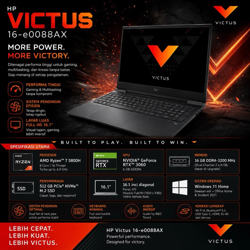 HP Victus 16 Ryzen 7 5800H RTX 3060 RAM 16GB SSD 512GB Laptop Gaming Editing Desain Programming FHD 