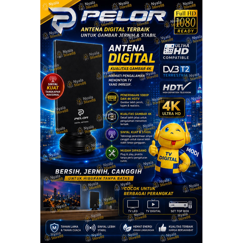 Antena TV Digital Indoor PELOR DVB-T2 HDTV Full HD 1080P 4K Ultra HD Antena TV Dalam Sinyal Kuat