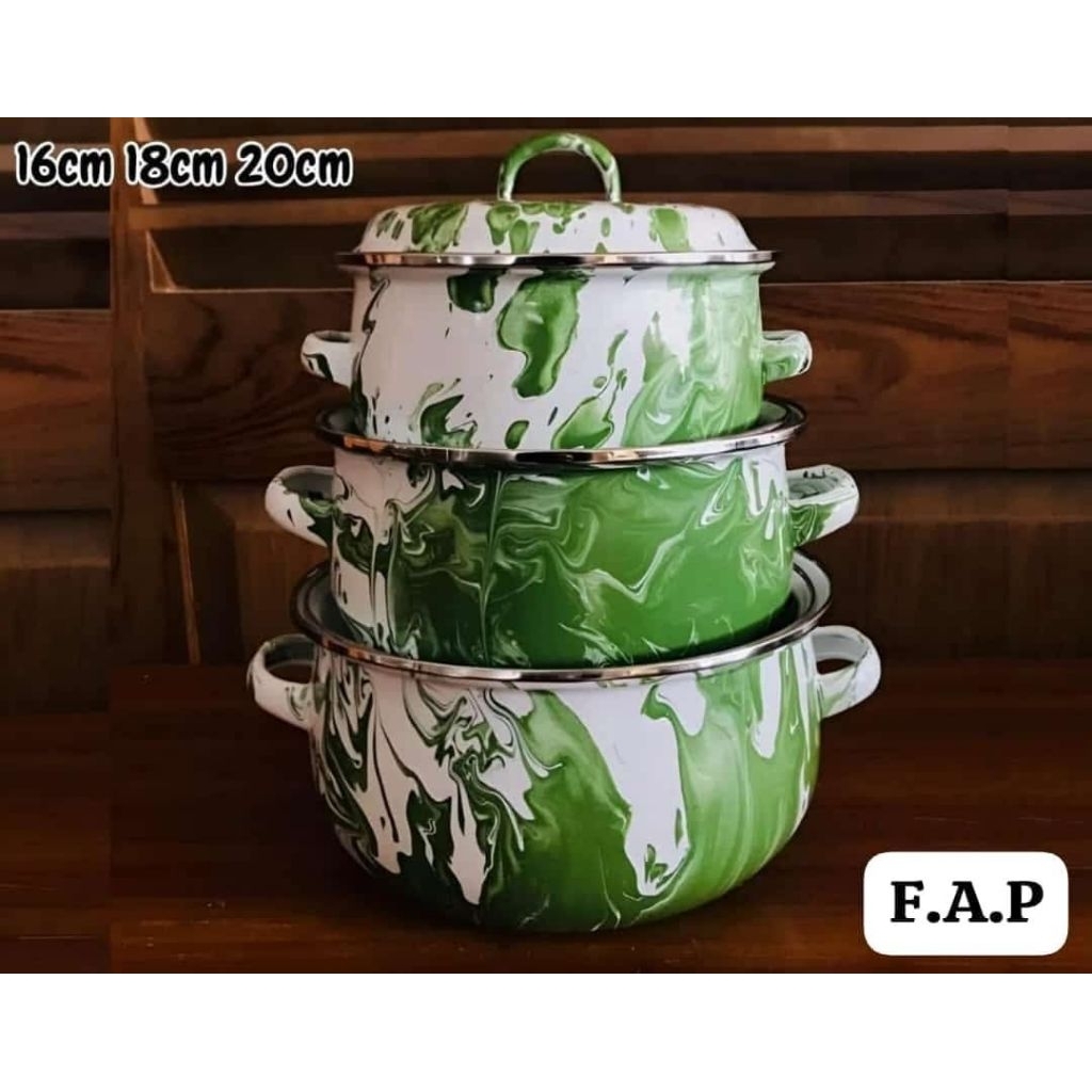 Set Panci Enamel Lurik Ayam 3pcs dengan Tutup Kaca