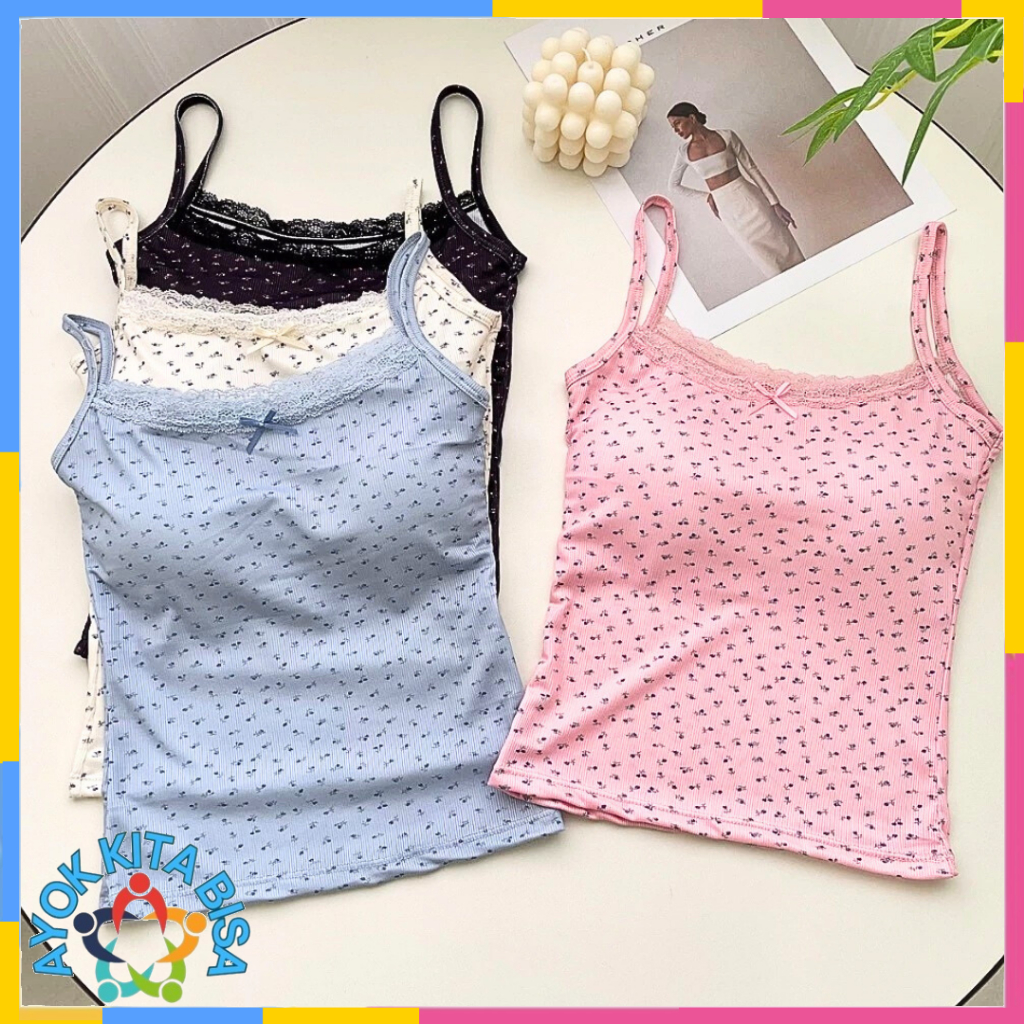 AKB Tanktop Wanita Singlet Motif Bunga Renda 7084 Bra Busa Tali Floral Lace Pita Lucu Atasan Knit Co