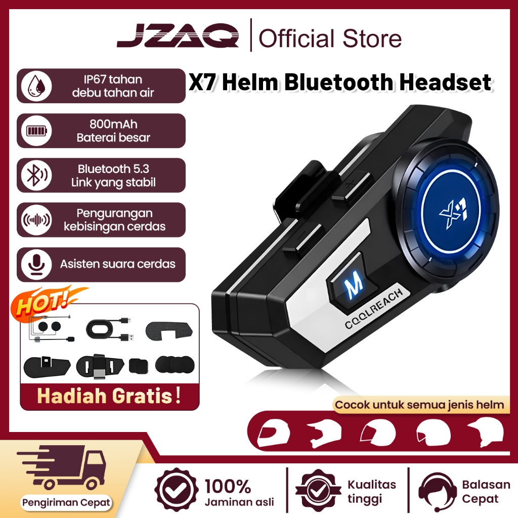 JZAQ X7 Helm Headset Bluetooth Motor/Helm Headset Bluetooth/Headset Bluetooth Full Bass/Headset Blue
