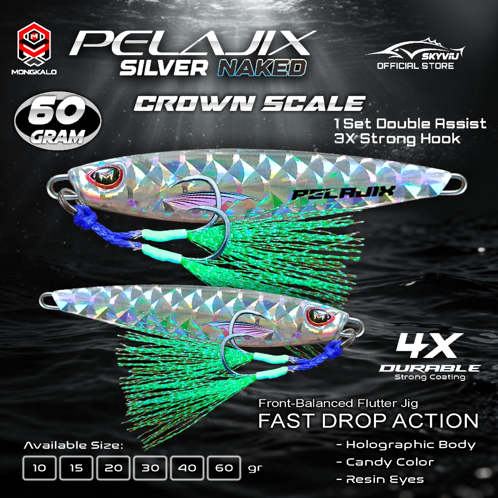 Metal Jig 60 Gram MONGKALO PELAJIX Hologram Naked 1 Set Double Assist Hook Umpan Metaljig 60g Silver
