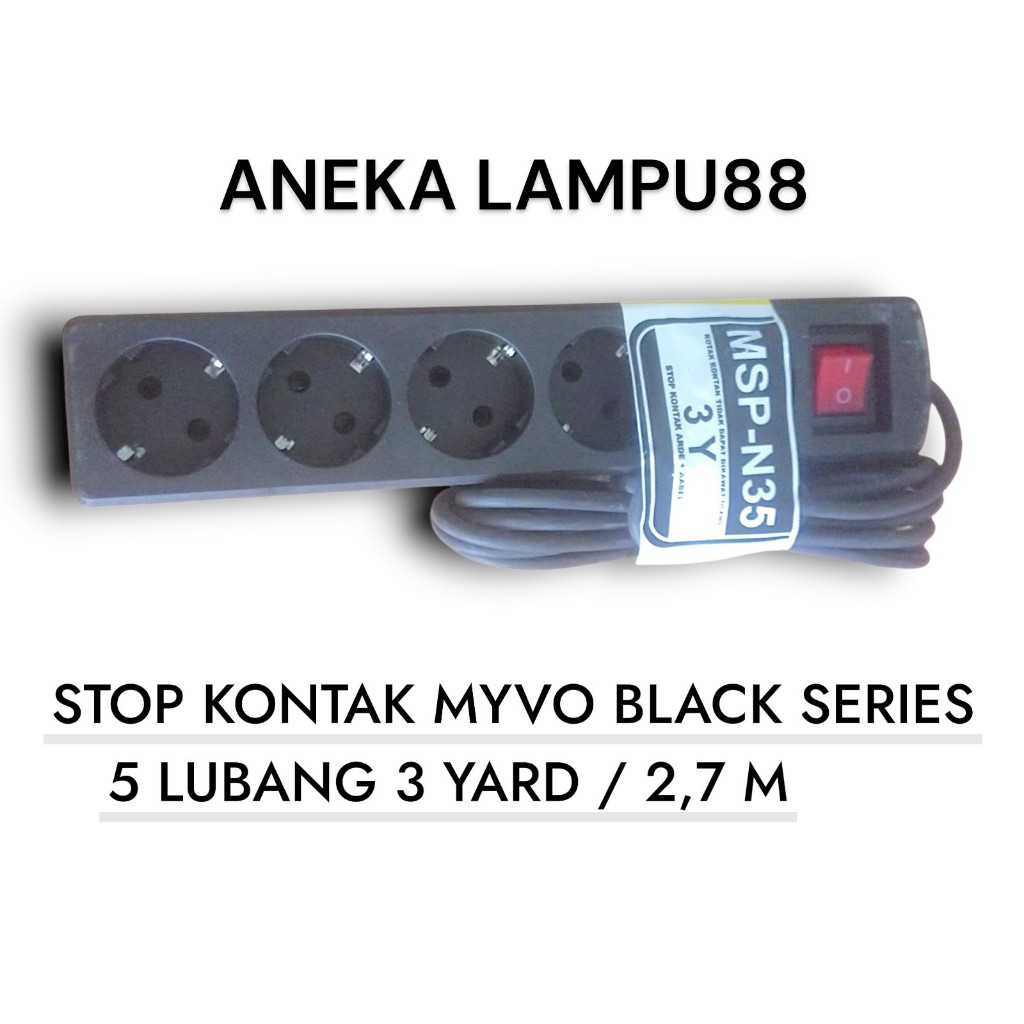Stop Kontak MYVO Black Series 5 Lubang 3 Yard (2,7 Meter) + Saklar | Kabel Tebal & Aman