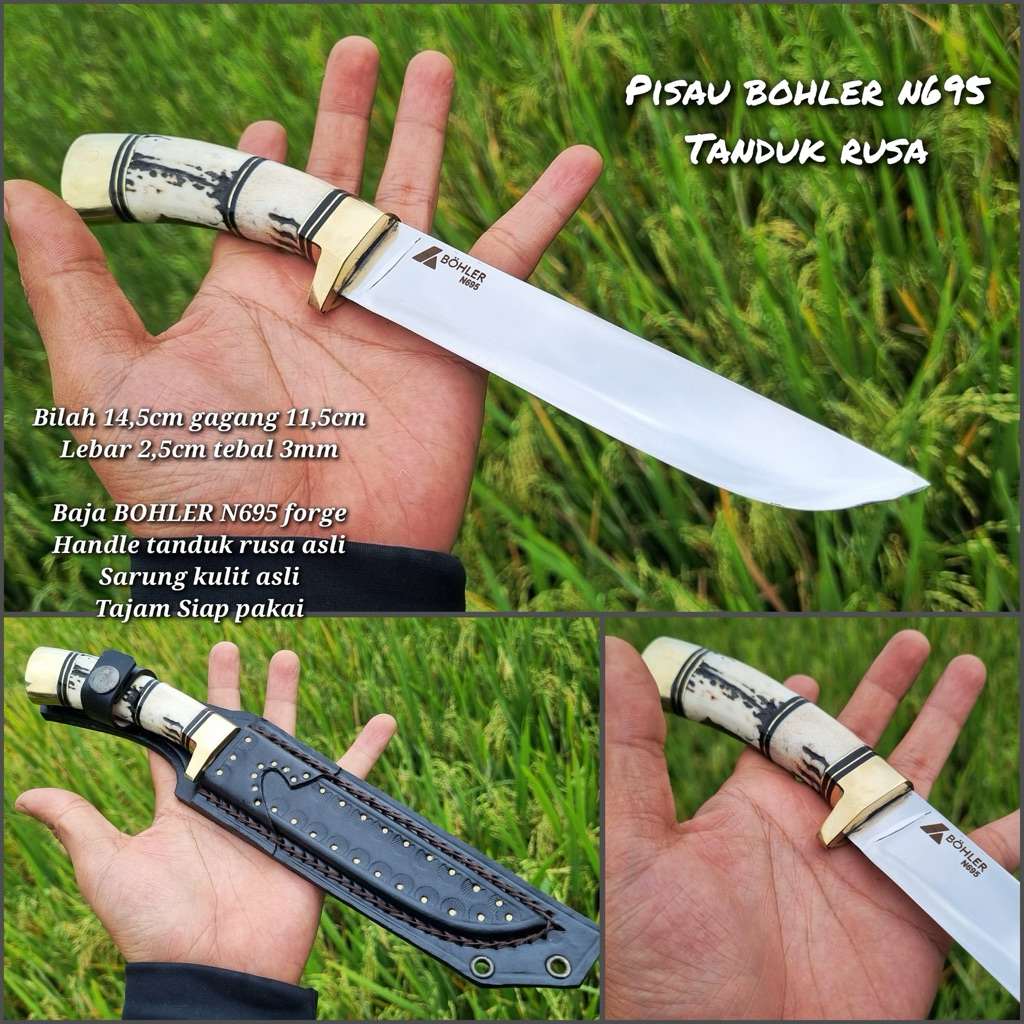 Pisau Baja Bohler N695 Original Handle Tanduk Rusa Asli - Pisau Sembelih / Seset Premium Sarung Kuli