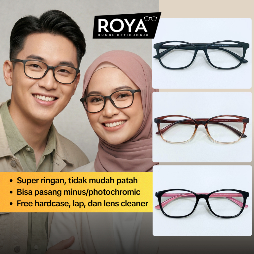 ROYA - Frame Kacamata Kotak Klasik Hitam Doff YX8809 Pria Wanita Minimalis Ringan Aesthetic Minus An