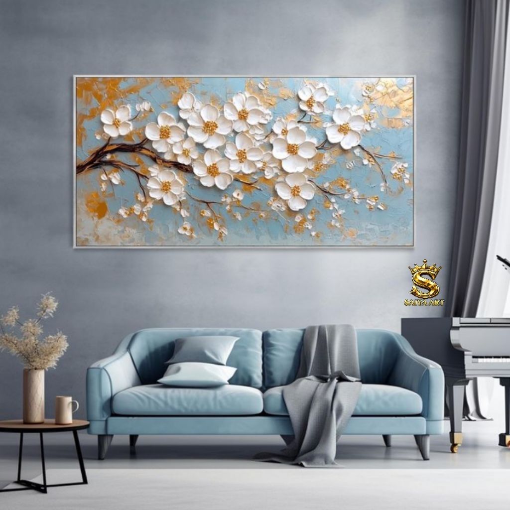 Lukisan kanvas Bunga sakura putih Siap pajang.