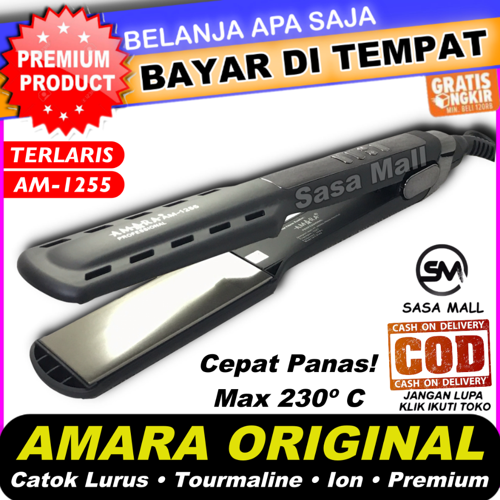 Amara Catokan Rambut Lurus AM 1255 Original Garansi Plat Keramik + Ion Layar LCD DIgital Cepat Panas