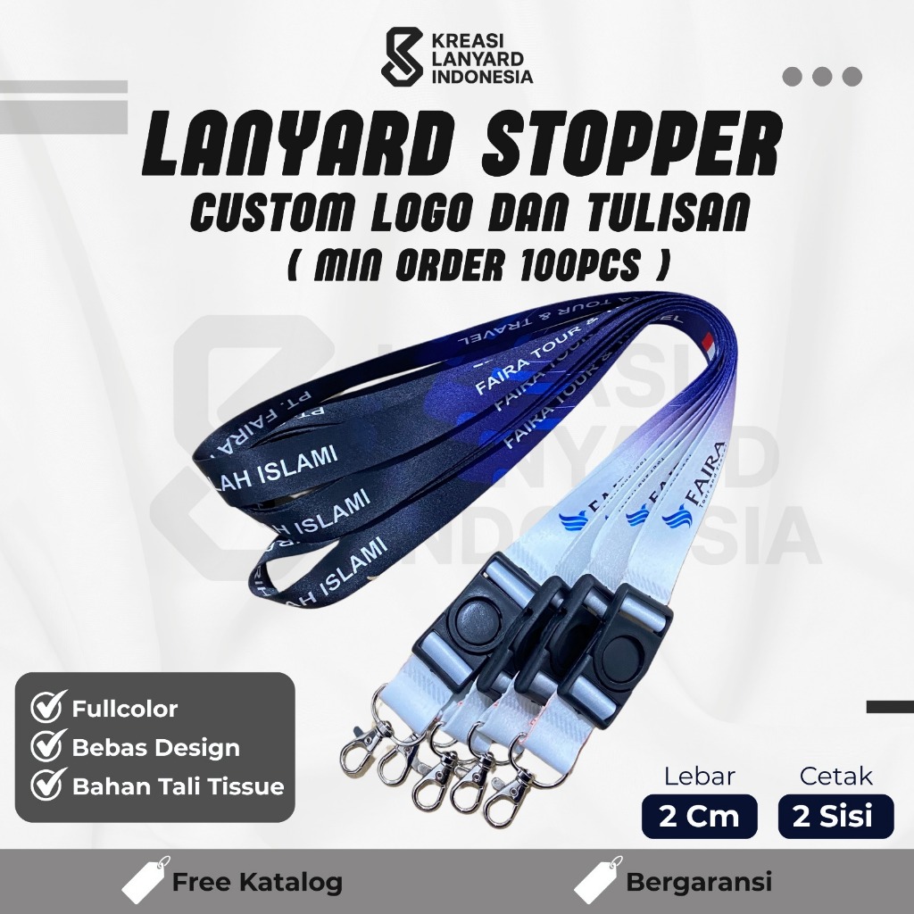 (MINIMAL 100PCS) CUSTOM TALI LANYARD STOPPER FULL PRINTING PROSES 1-2 HARI