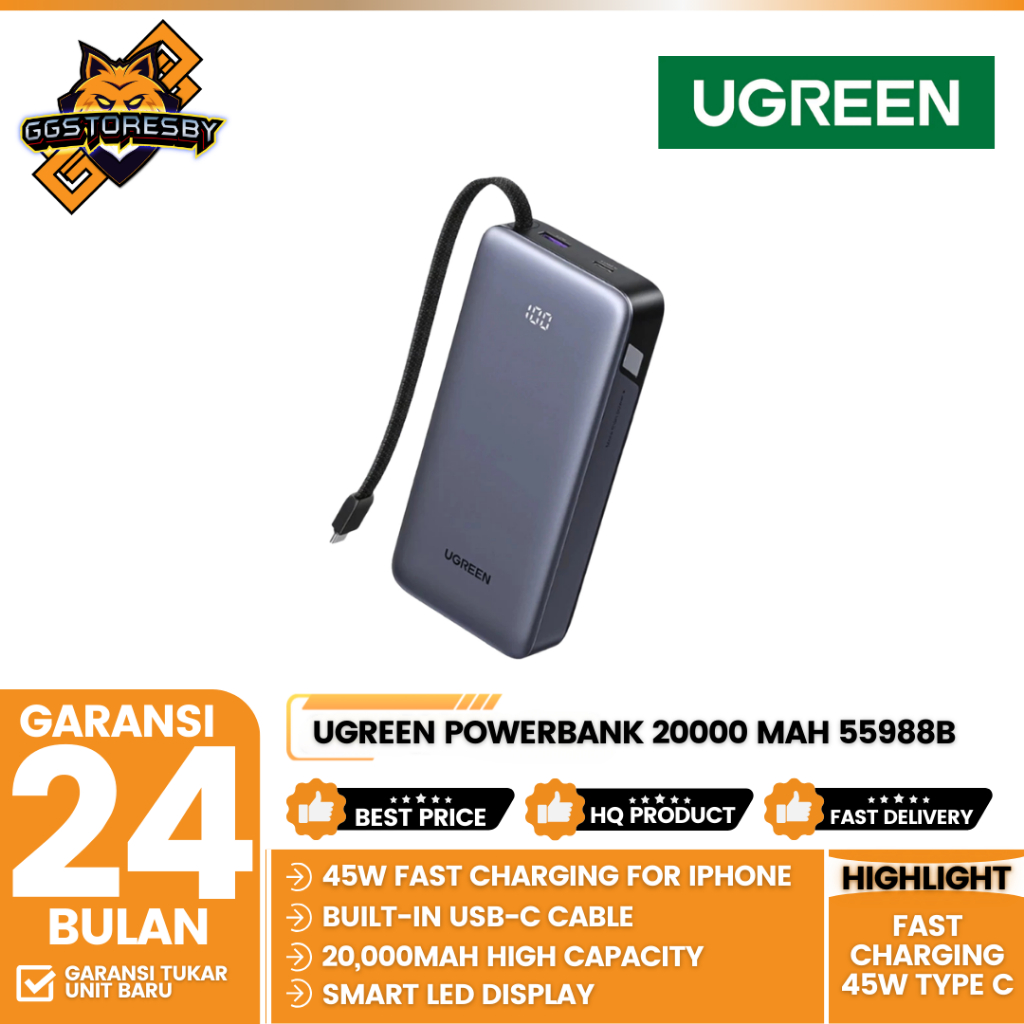 UGREEN Powerbank Built In Cable 20000 mAh Fast Charging 67W Type C 55996B