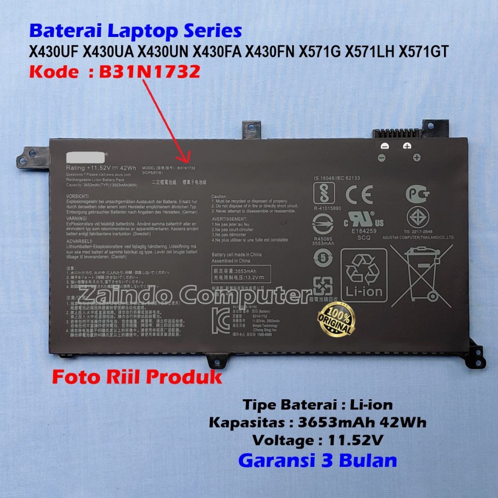 BATERAI ASUS VIVOBOOK B31N1732 S14 S430FA S430FN S430UA S430FA X430UF K430FA K430FN K430UF R430FA R4