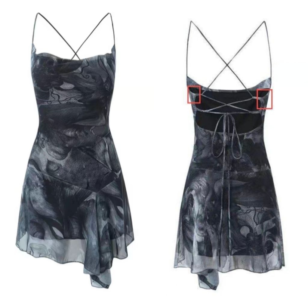 Mini Dress Wanita Model Tali Ikat Tanpa Lengan Gaun Wanita Bermotif Tie-Dye HM485