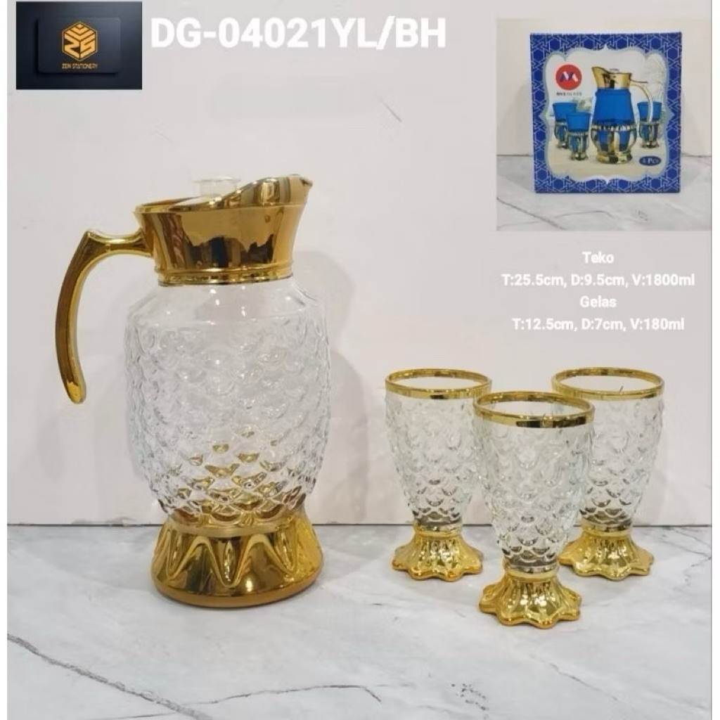 HM - Teko Kaca Set Gold Bening isi 4 pcs Teko Set Mewah