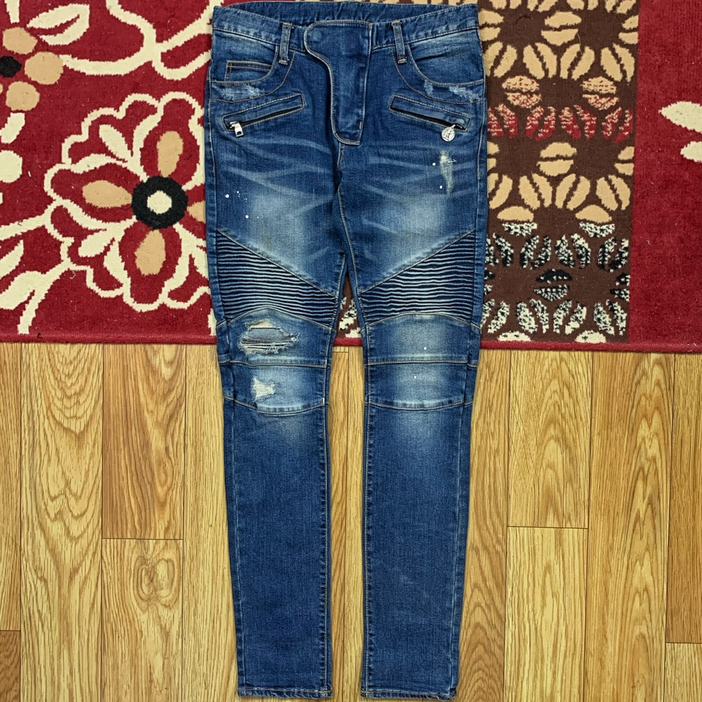 BALMAIN PARIS DISTRASSED PAINTED BIKER DENIM PANTS SIZE 30 | BIKER DENIM PANTS BALMAIN | LONGPANTS B
