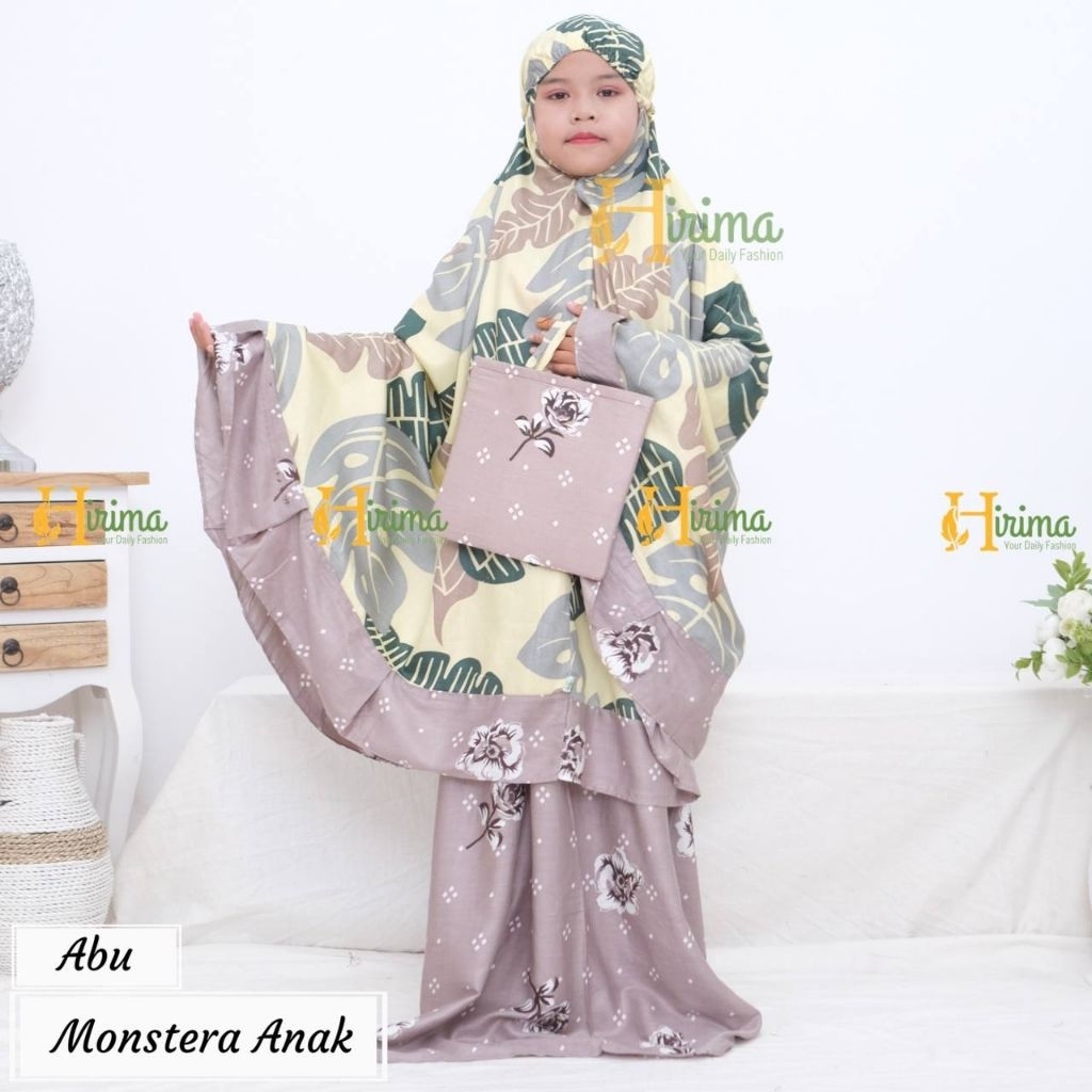 Hicloth hirima mukena anak dewasa dan ibu motif daun kekinian monstera bahan rayon premium bisa coup