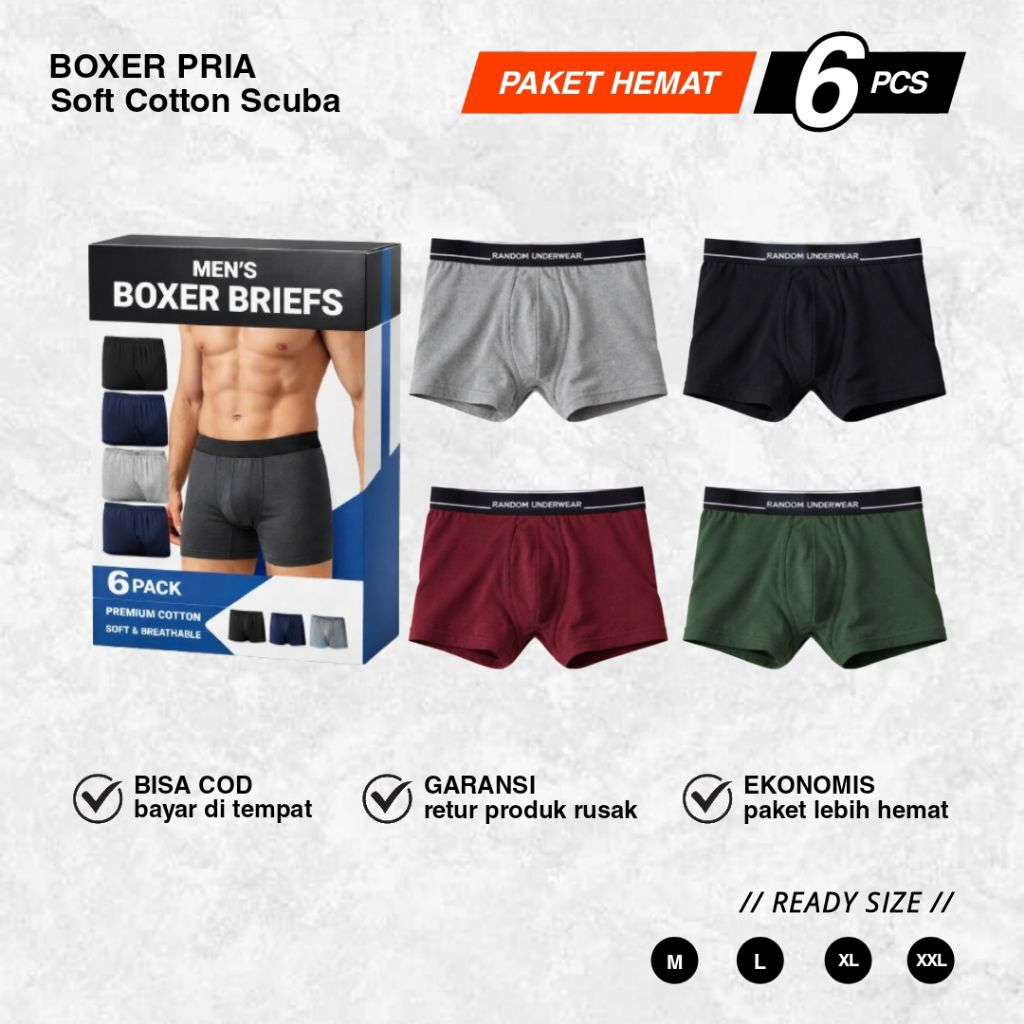 Paket (ISI 6 PCS) Celana Dalam Pria | CD Boxer Pria Bahan Katun | CD Pria Boxer Premium