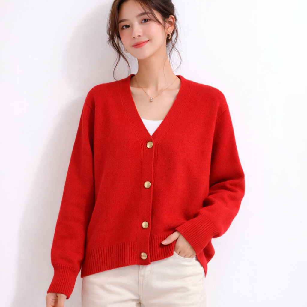 CROWNZE - Cardigan Rajut Wanita Merah Polos Kancing Depan – Sweater Knit Korean Style Baju Hangat Ca