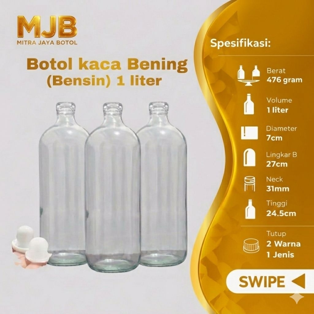 Paket 10 Pcs Botol Kaca (1Liter) Bening/Bensin,Jamu,Minuman lainnya