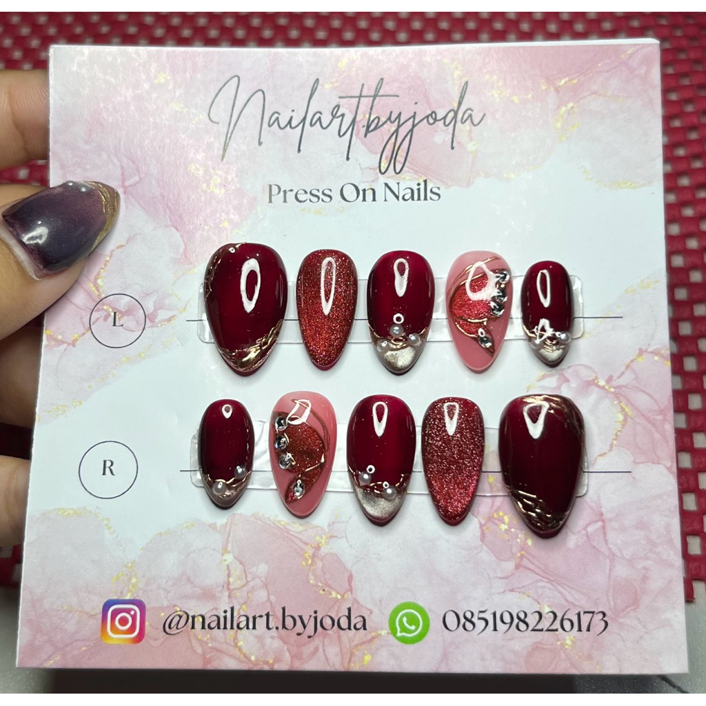 Press On Nails Merah Marron Cat Eye Chrome Kupu-Kupu Diamond_Press On Nails by Joda