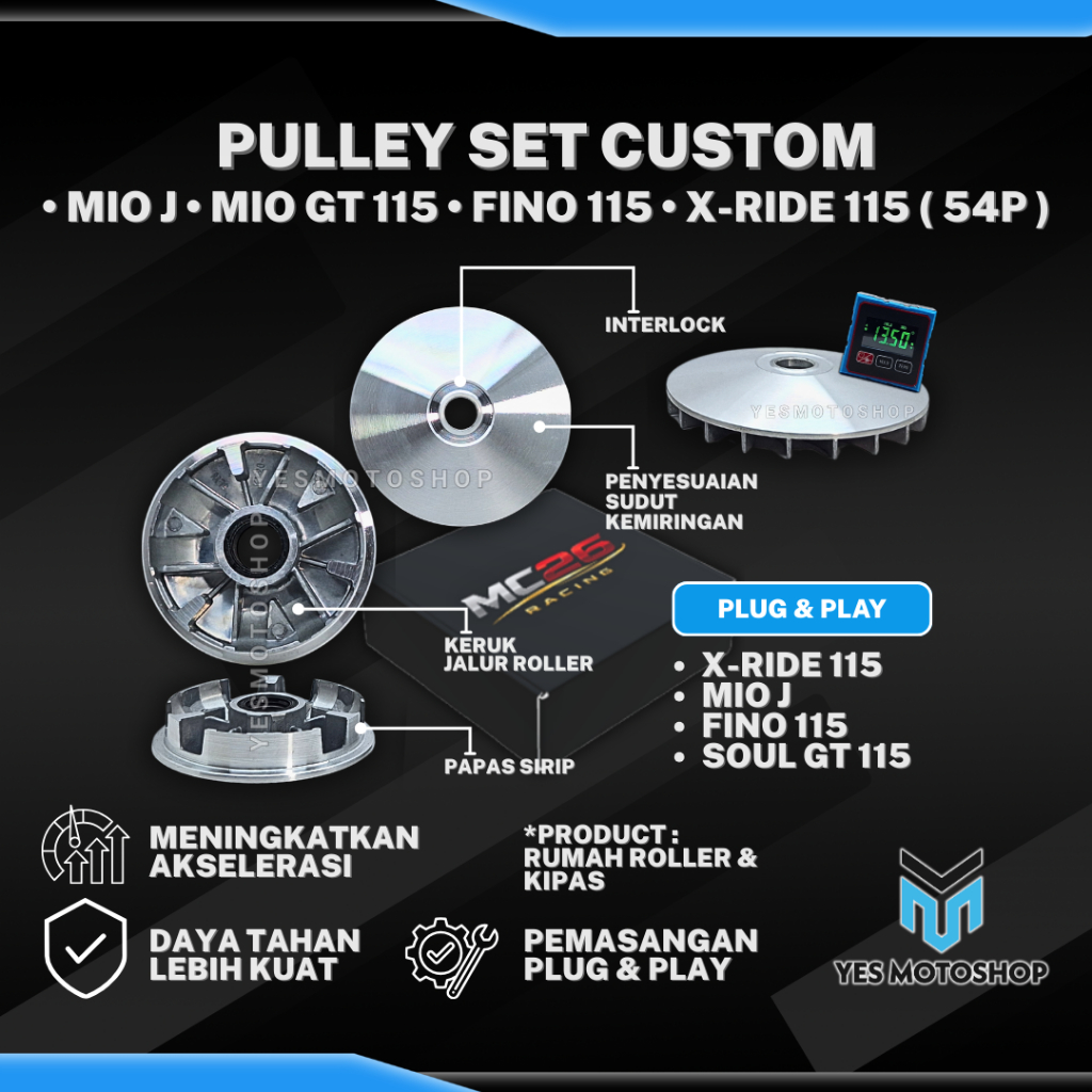Pulley Set Custom Mio J GT 115 Fino X-ride 115 54P Rumah Roller Kipas PNP Kinerja CVT Lebih Baik