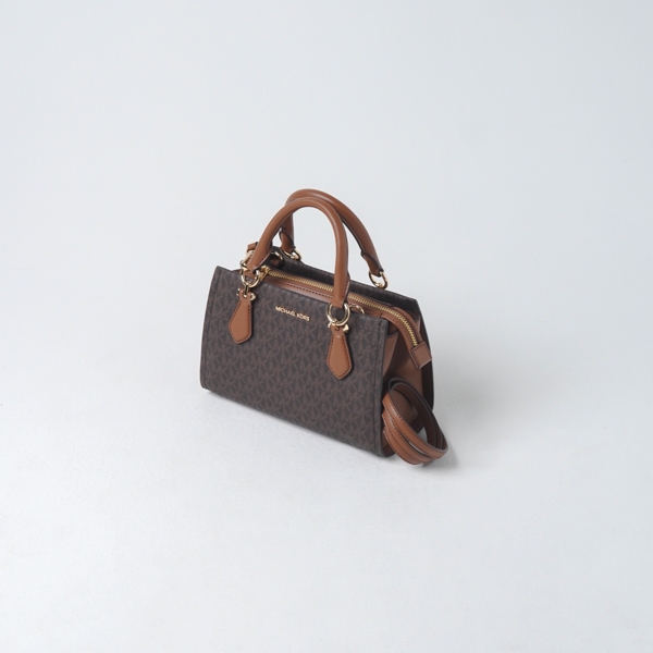 Tas MK MARILYN MONOGRAM BROWN CAMEL MINI ZIP SATCHEL BAG WITH LS 100% ORIGINAL