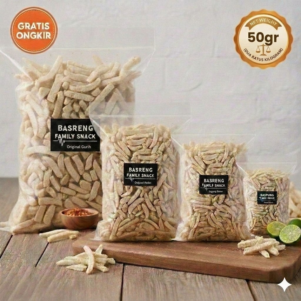 Basreng Stik Gurih Pedas Daun Jeruk Kemasan saset 50gr Mudah Di Bawa Cemilan DI Perjalanan