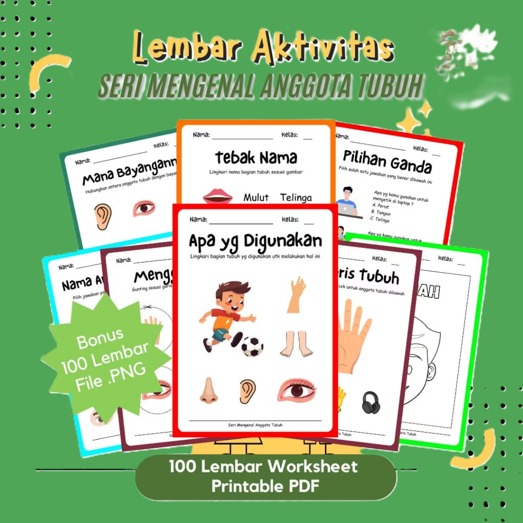 Ebook Printable Worksheet Anak Usia PAUD TK SD - Mengenal Anggota Tubuh 100 Lbr