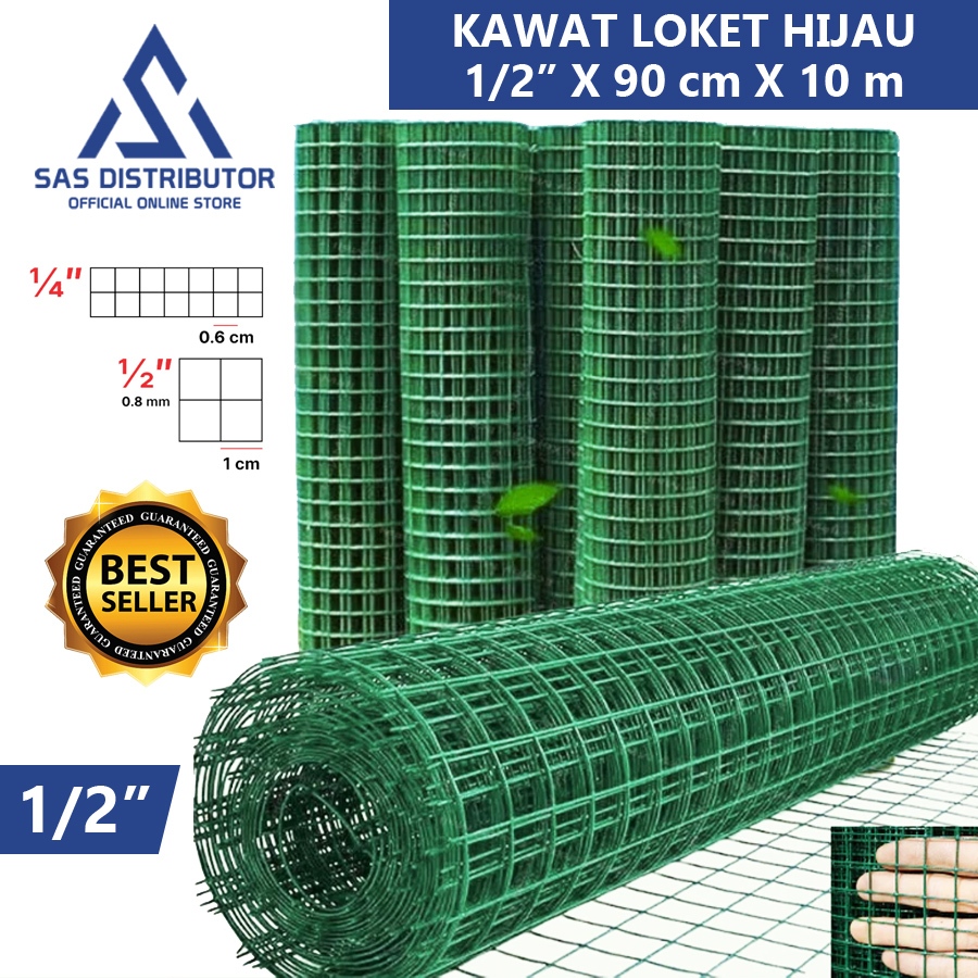 Kawat Loket Hijau 1/2" x 90 cm PVC / Kawat Ram Hijau 1/2 x 10 meter / Kawat Mesh Tanaman Kandang 1/2