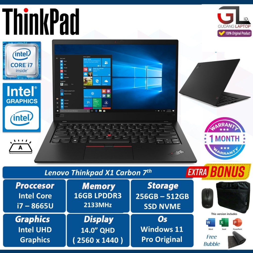 Laptop Lenovo Thinkpad X1 Carbon Intel i7 8665U 16GB 1TB SSD QHD 14.0 Inch Windows 11 Pro