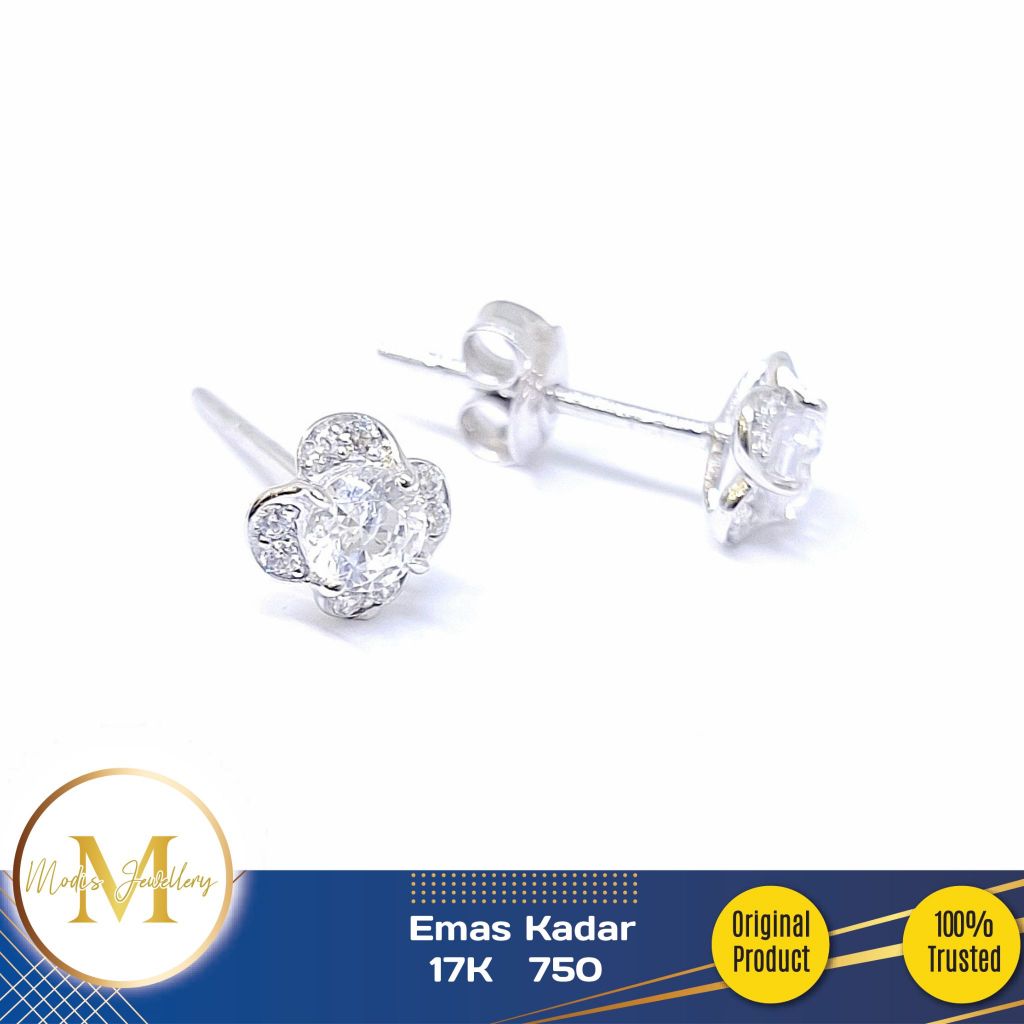 MODIS JEWELLERY - Anting Bunga Solitaire Putih - Emas 17k 750