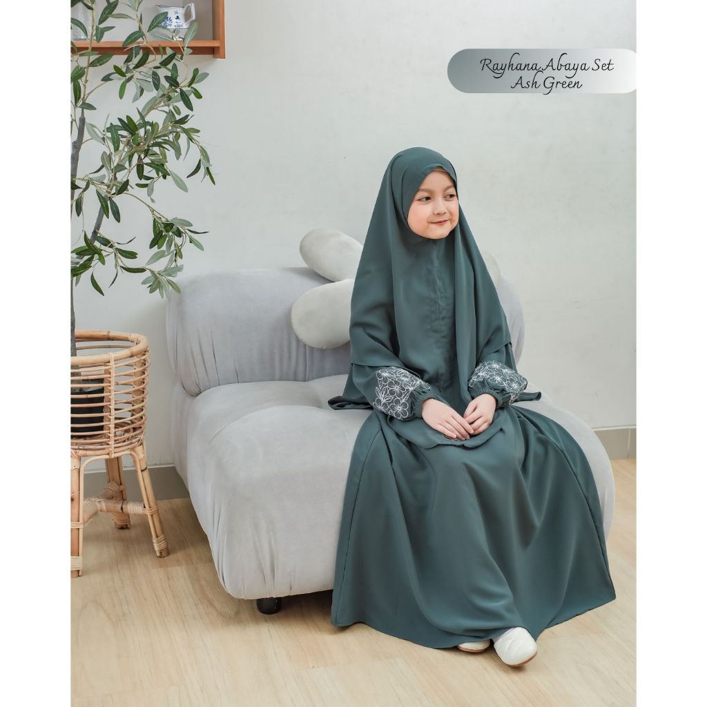 Abaya Set | Gamis Ashgreen Bordir Set Bergo Free Cadar | Gamis Anak Perempuan usia 3-12 tahun