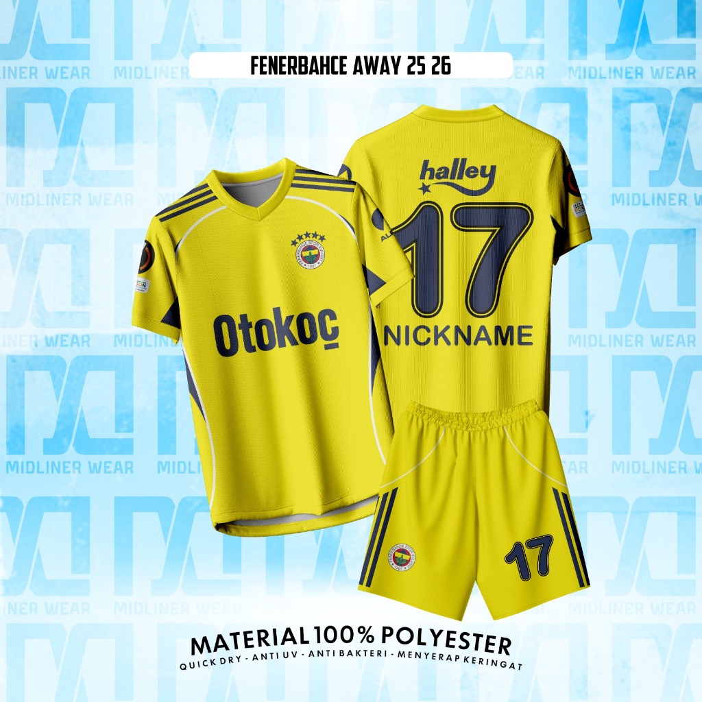 Jersey Bola Anak & Dewasa FENERBAHCE AWAY 25/26 Dryfit – Setelan/Atasan Lengan Pendek Panjang Gratis