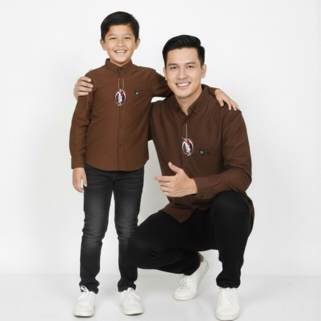 Mahogani Kemeja Polos Couple Ayah Anak Warna Coklat tua / Mahogani Lengan Panjang Baju Couple Keluar