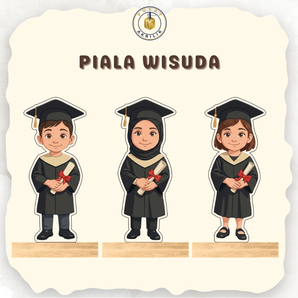 Piala Wisuda Akrilik (PW-1) Tatakan Kayu - Piala Wisuda Almamater Hitam - Kado Wisuda - Piala Wisuda