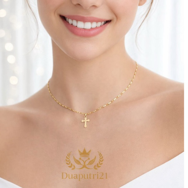 Duaputri21 Kalung Anak Dewasa Titanium Wanita Pecah Kopi Salib Desain Elegan dan Tahan Lama