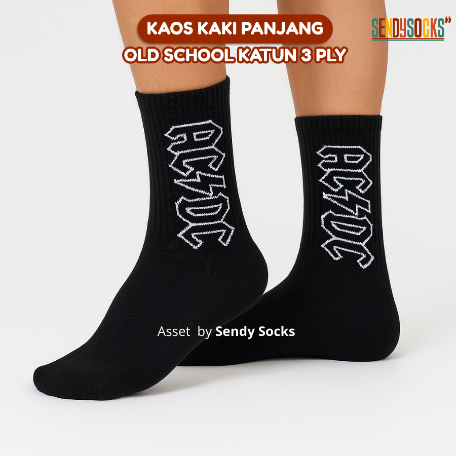 Kaos Kaki Oldshool Motif AC DC Big Logo Hitam Katun Panjang - Sendy Kaos Kaki