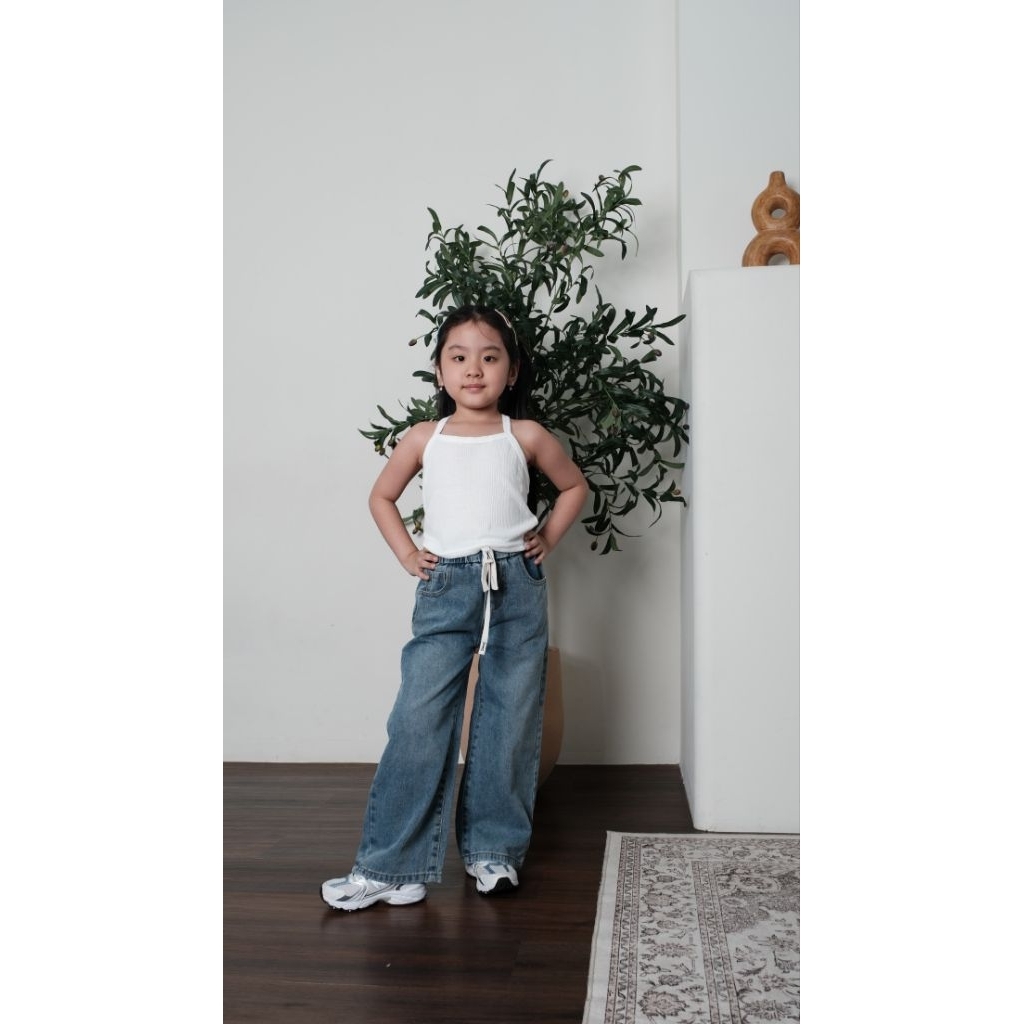 Celana Jeans Anak Cewek Tali Putih Gaya Modis Estetik | Bawahan Celana Jeans Anak Perempuan Dengan T